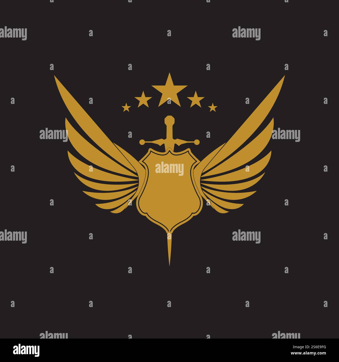 Gold winged sword with shield vector icon. Stock Vector