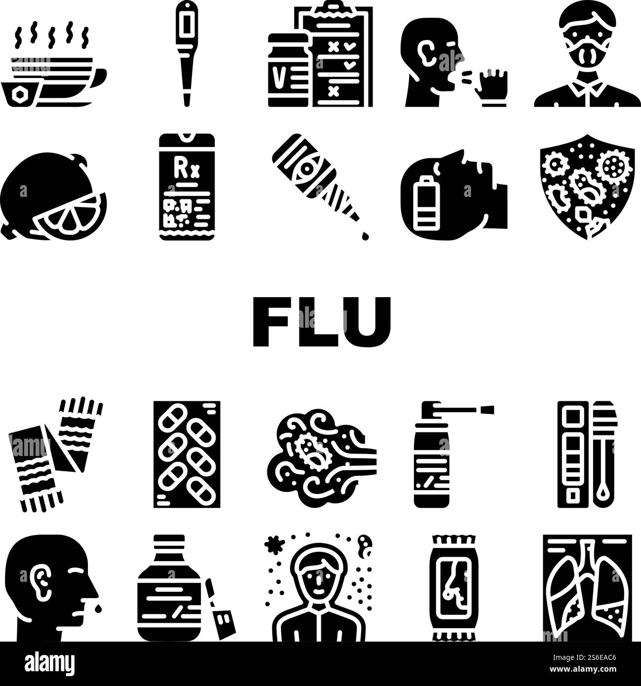Flu Disease Treatment Collection Icons Set Vector. Flu Treat Vaccine ...