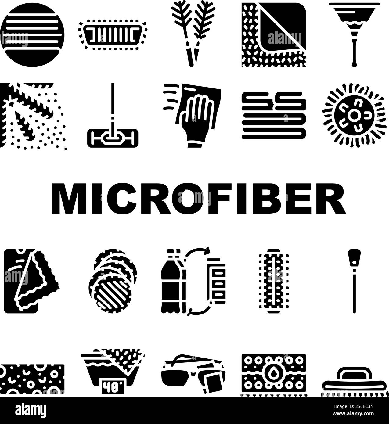 Microfiber For Clean Collection Icons Set Vector. Microfiber With Handle And Mop Head, Brush Cleaning Windows And Towel Roller Glyph Pictograms Black Illustrations. Microfiber For Clean Collection Icons Set Vector Stock Vector