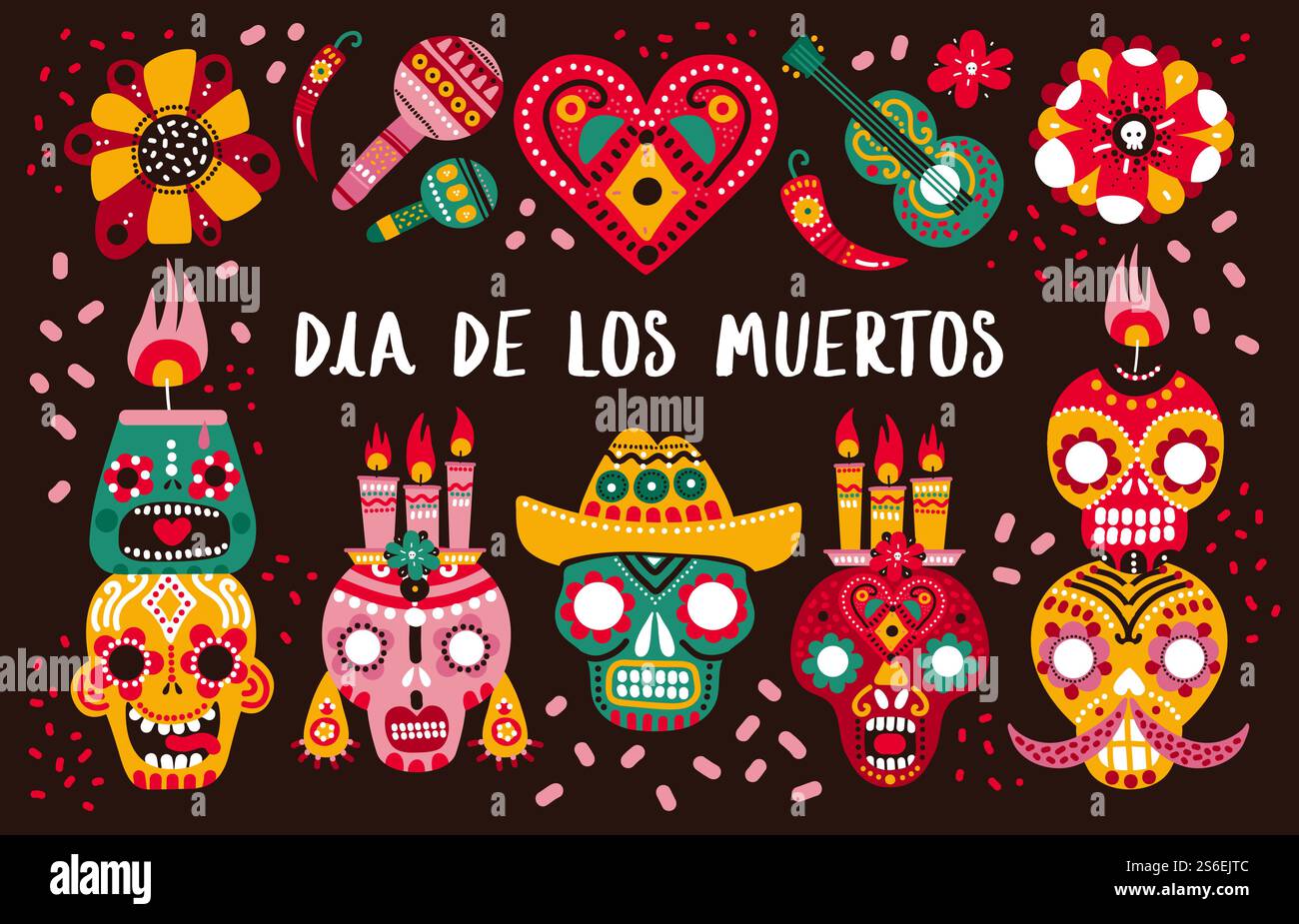 Day of dead poster. Decorative skulls, guitar and candles and hot pepper, heart and flowers. Mexican dia de los muertos vector background. Mexican pepper and skull, festival traditional illustration. Day of dead poster. Decorative skulls, guitar and candles and hot pepper, heart and flowers. Mexican dia de los muertos vector background Stock Vector