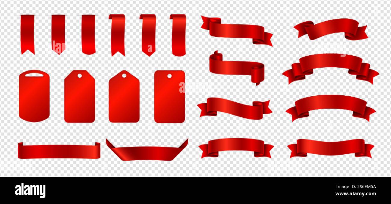 Red Ribbon Insignia Silk ribbons. Red ribbons badges vector set. Realistic banners and ...