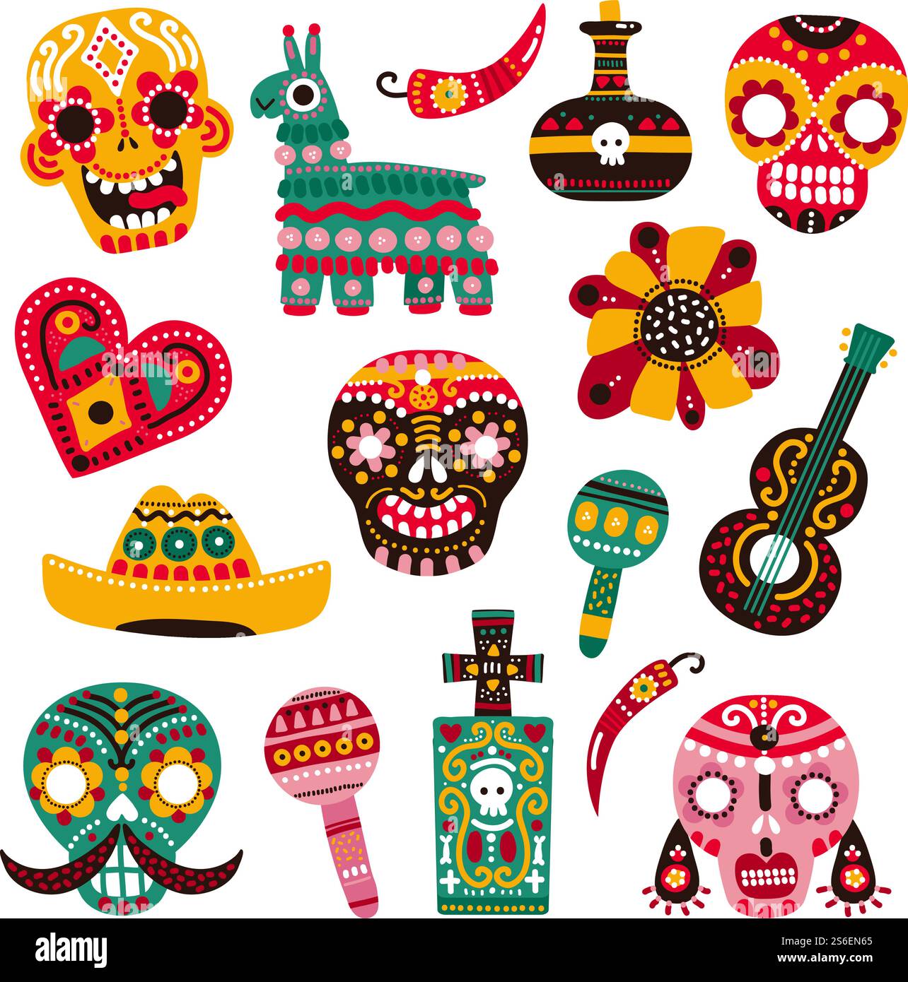 Day of dead. Decorative skulls, guitar and sombrero, llama and hot pepper, heart and grave. Mexican dia de los muertos vector set. Illustration mexican skull, mexico festival holiday. Day of dead. Decorative skulls, guitar and sombrero, llama and hot pepper, heart and grave. Mexican dia de los muertos vector set Stock Vector