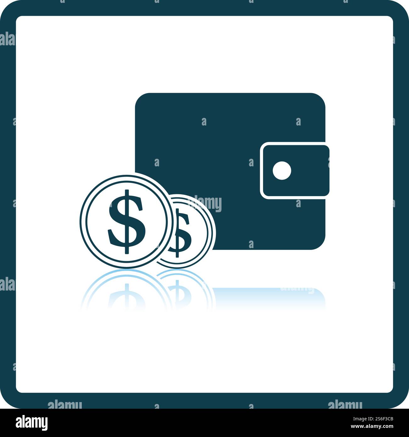 Two Golden Coins In Front Of Purse Icon. Square Shadow Reflection ...