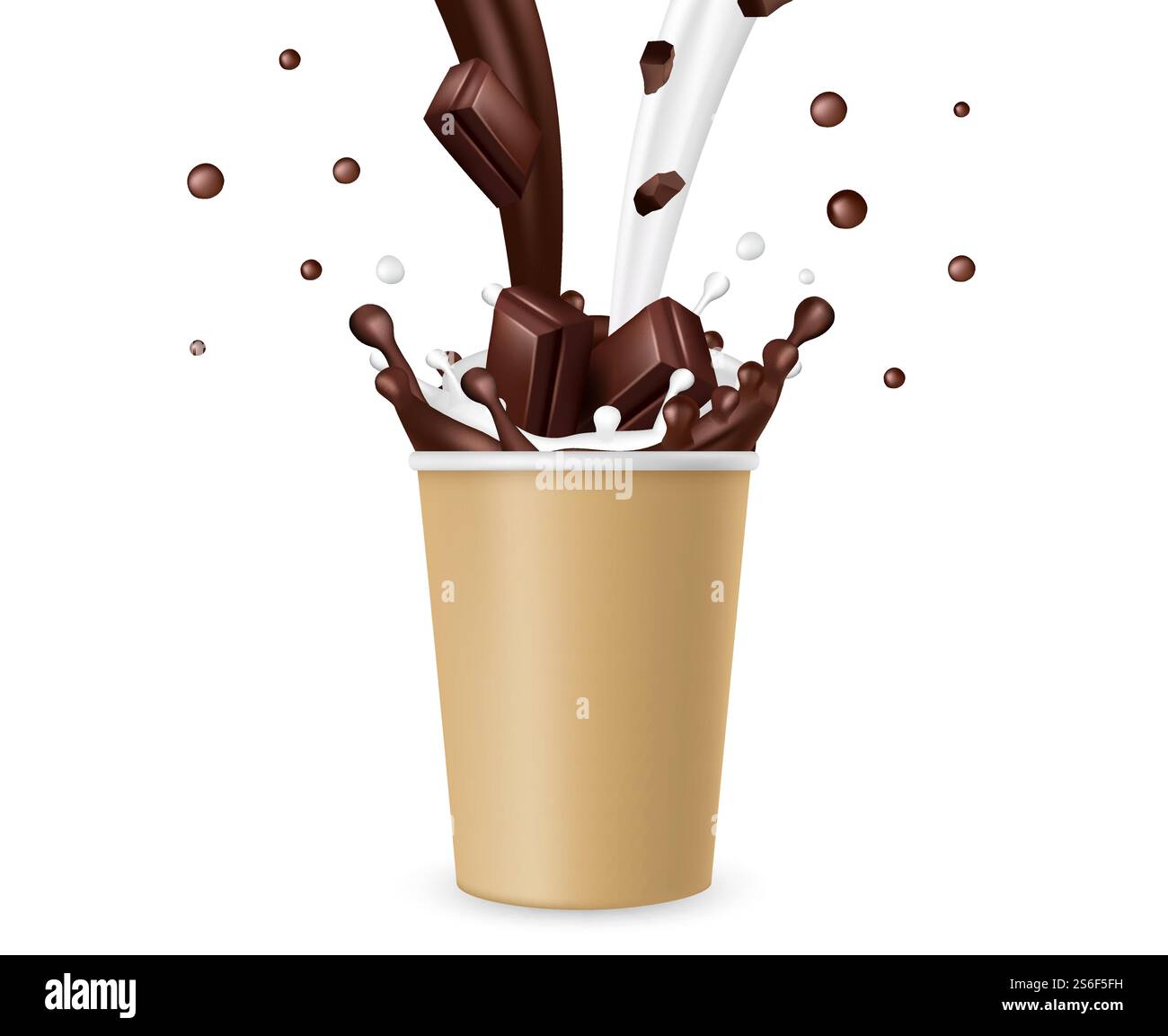 Hot chocolate. Realistic milk chocolate splashes and take away paper ...