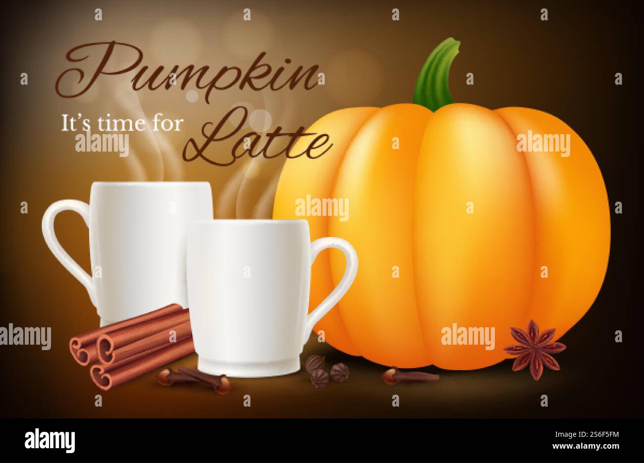 Pumpkin spice latte. Vector realistic coffee cups and spices. Pumpkin ...