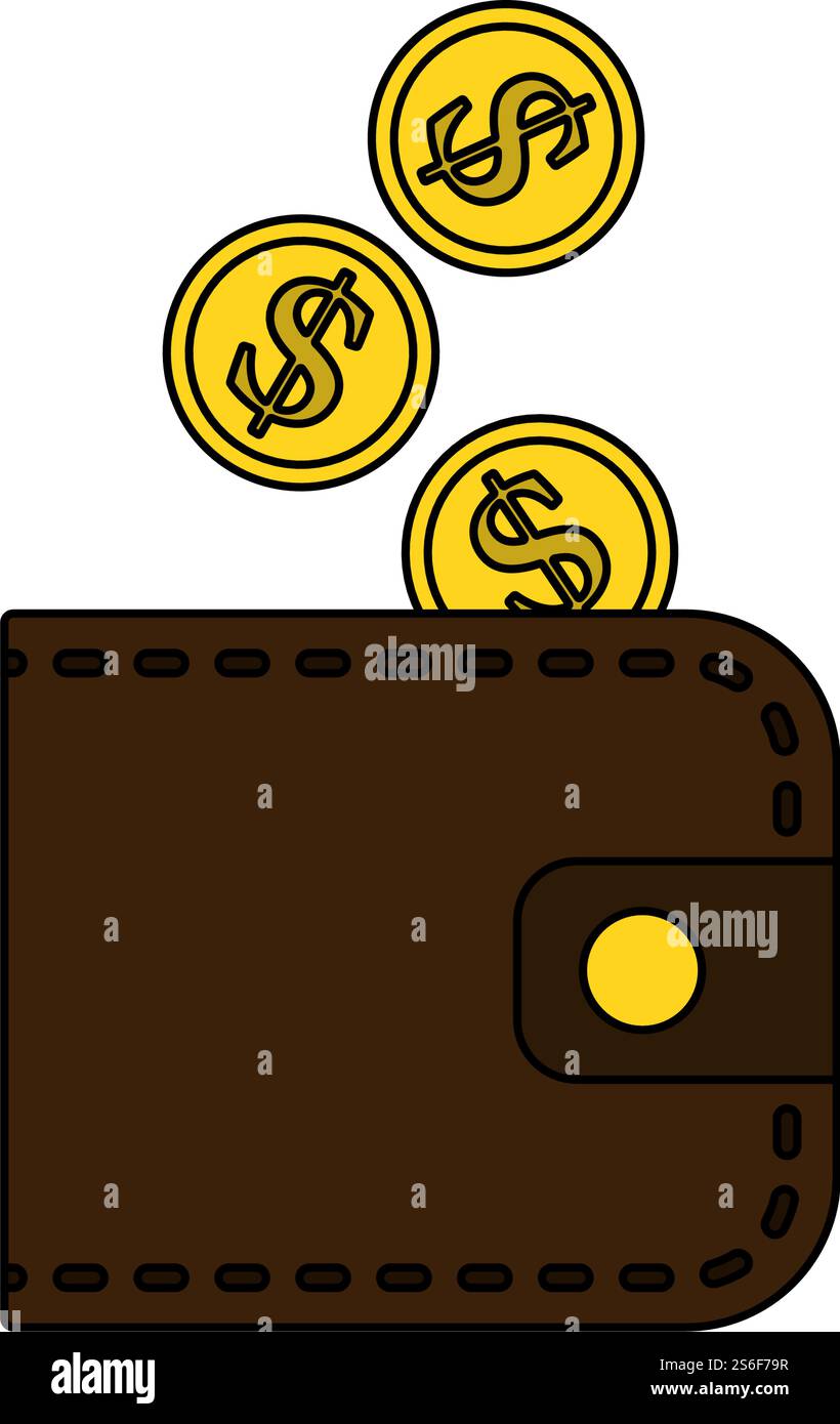 Golden Coins Fall In Purse Icon. Editable Outline With Color Fill Design. Vector Illustration. Stock Vector