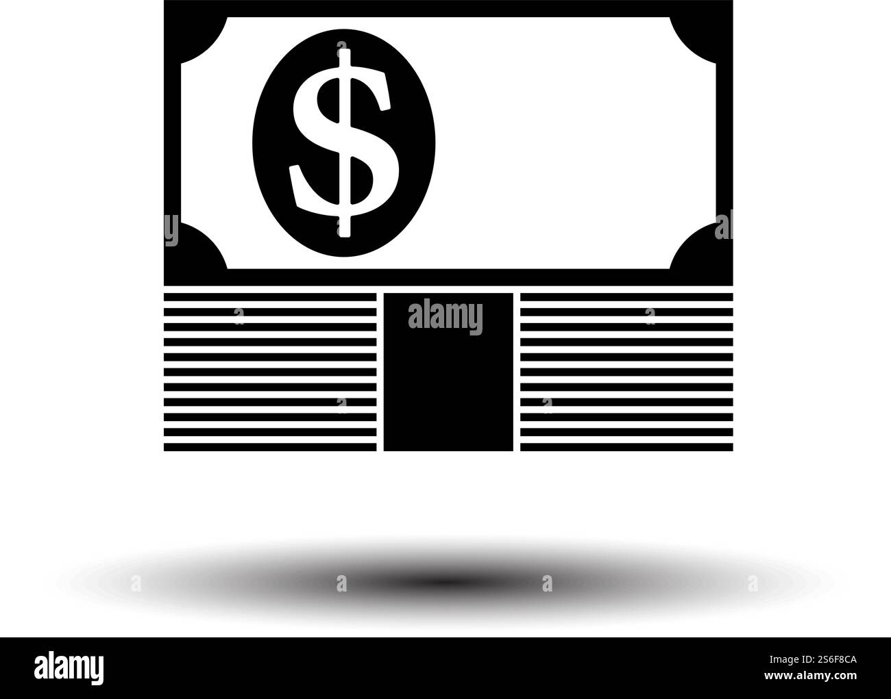 Banknote On Top Of Money Stack Icon. Black on White Background With Shadow. Vector Illustration. Stock Vector