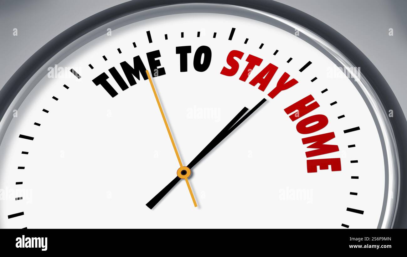 An image of a typical clock with text time to stay home Stock Photo - Alamy