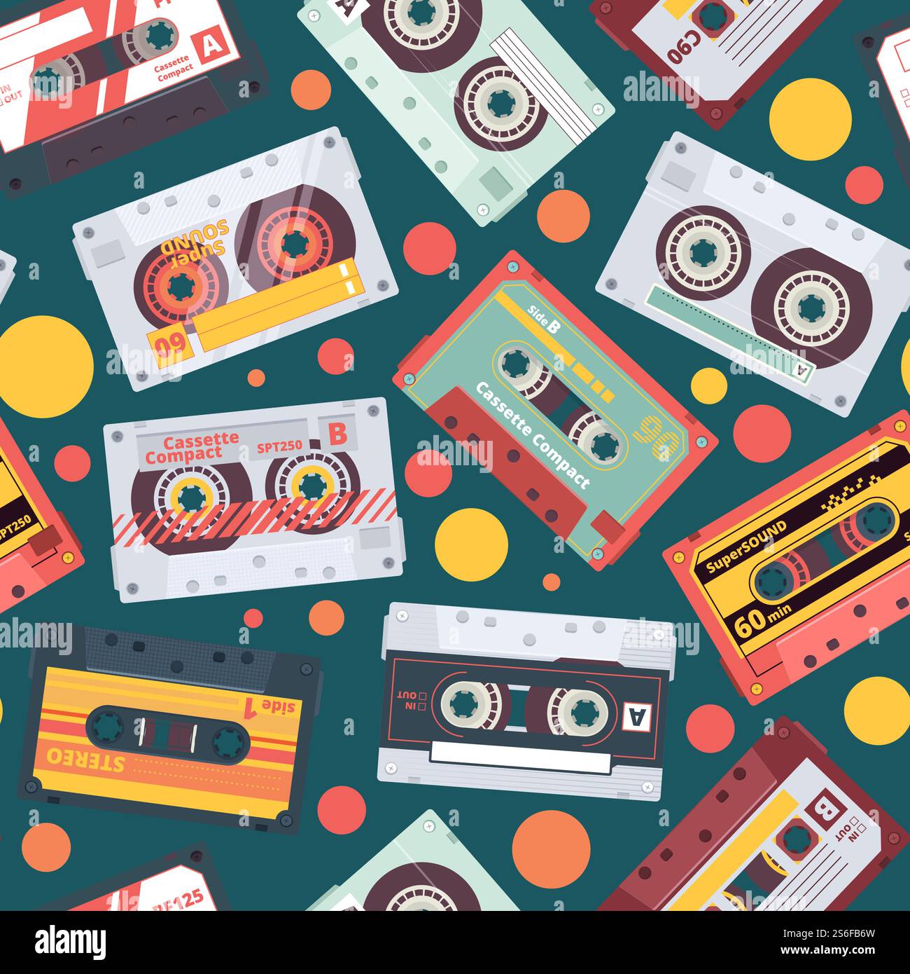 Audio cassette pattern. Stereo mixtape record music items funky style ...