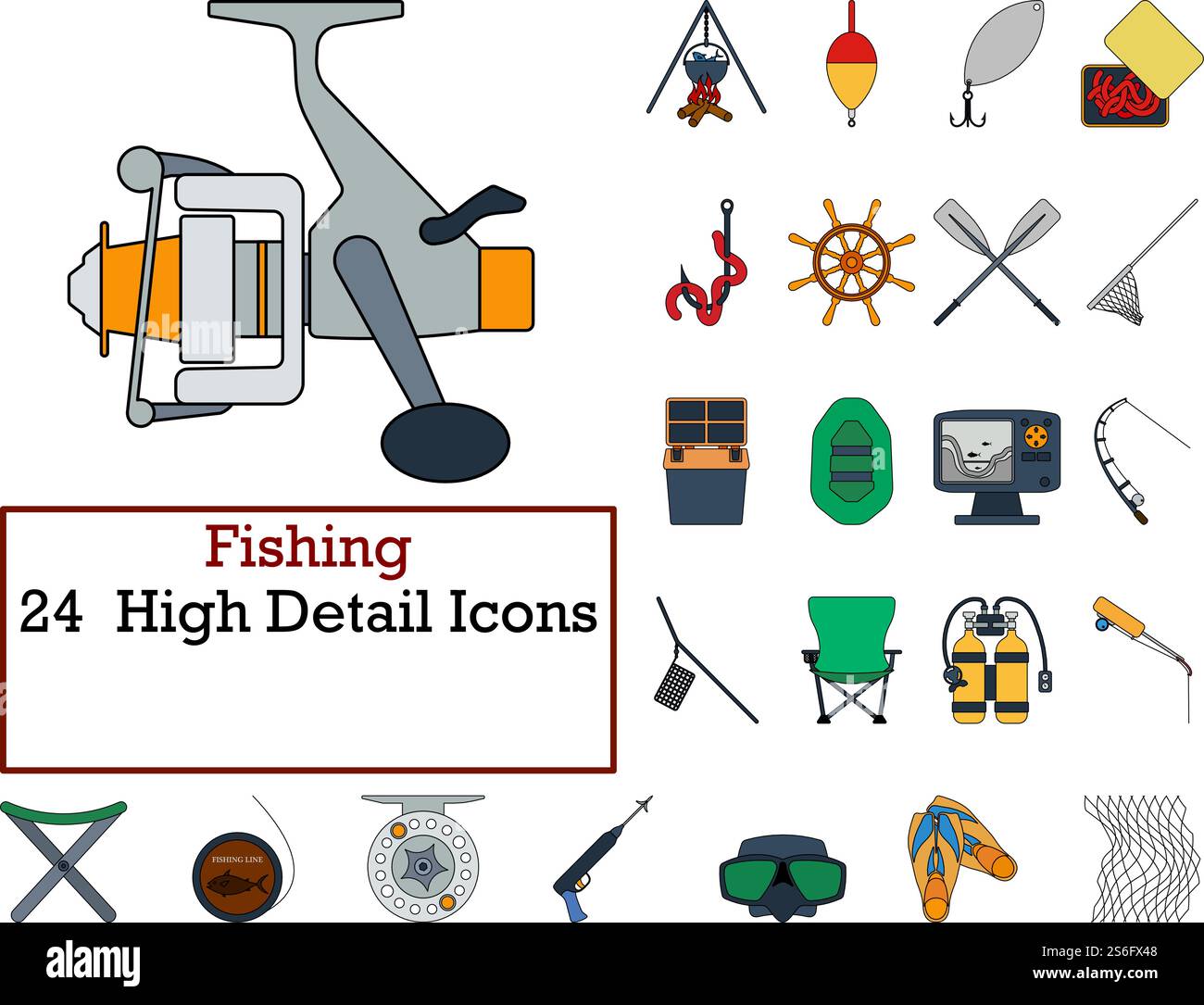 Fishing Icon Set. Flat Color Outline Design With Editable Stroke ...