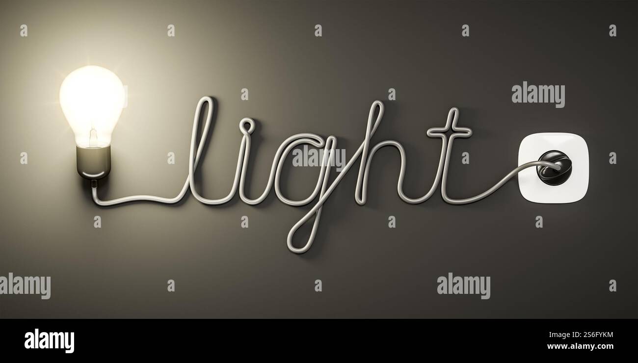 A light bulb building the word light with the cable Stock Photo - Alamy
