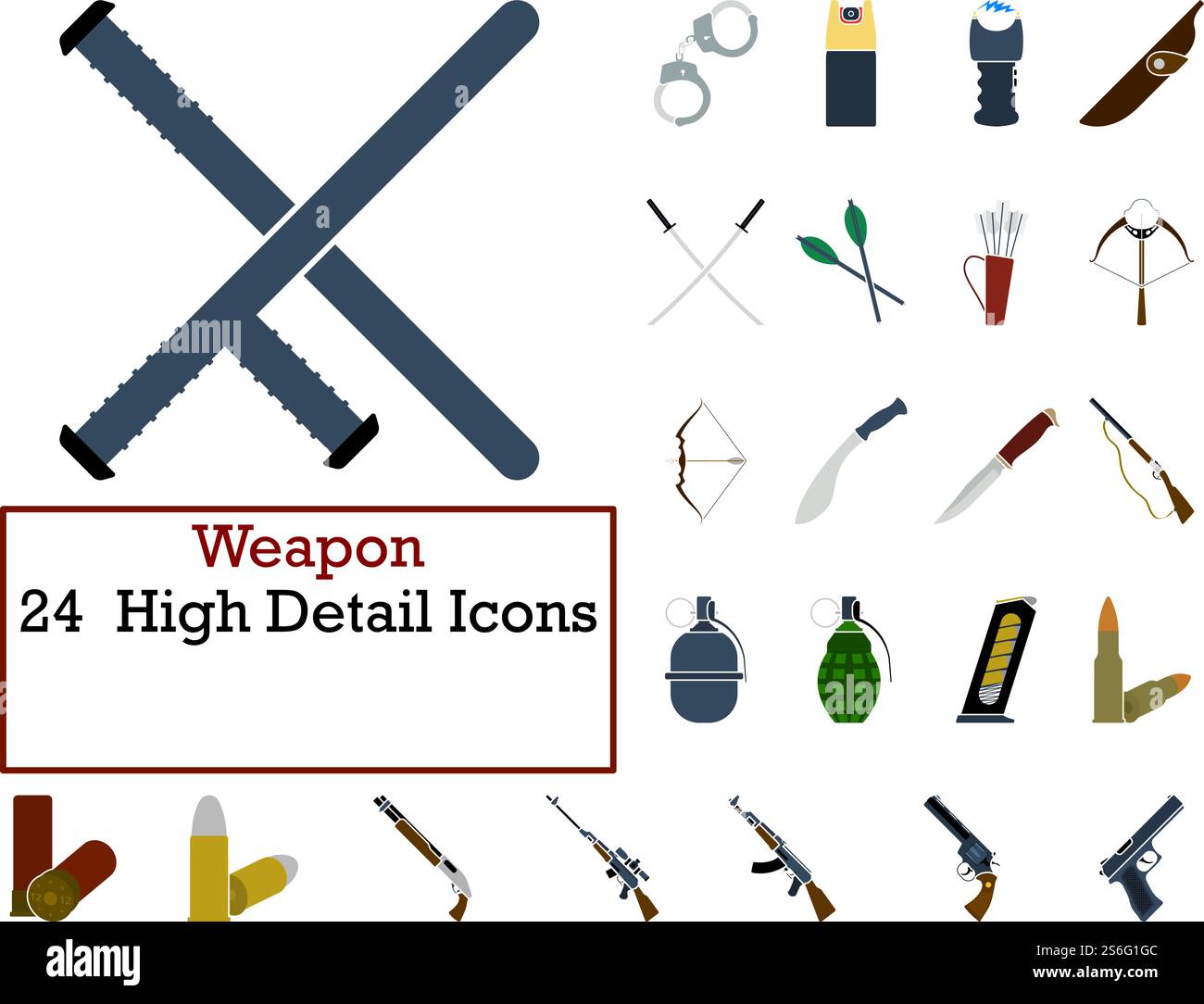 Weapon Icon Set. Flat Design. Fully editable vector illustration. Text expanded. Stock Vector