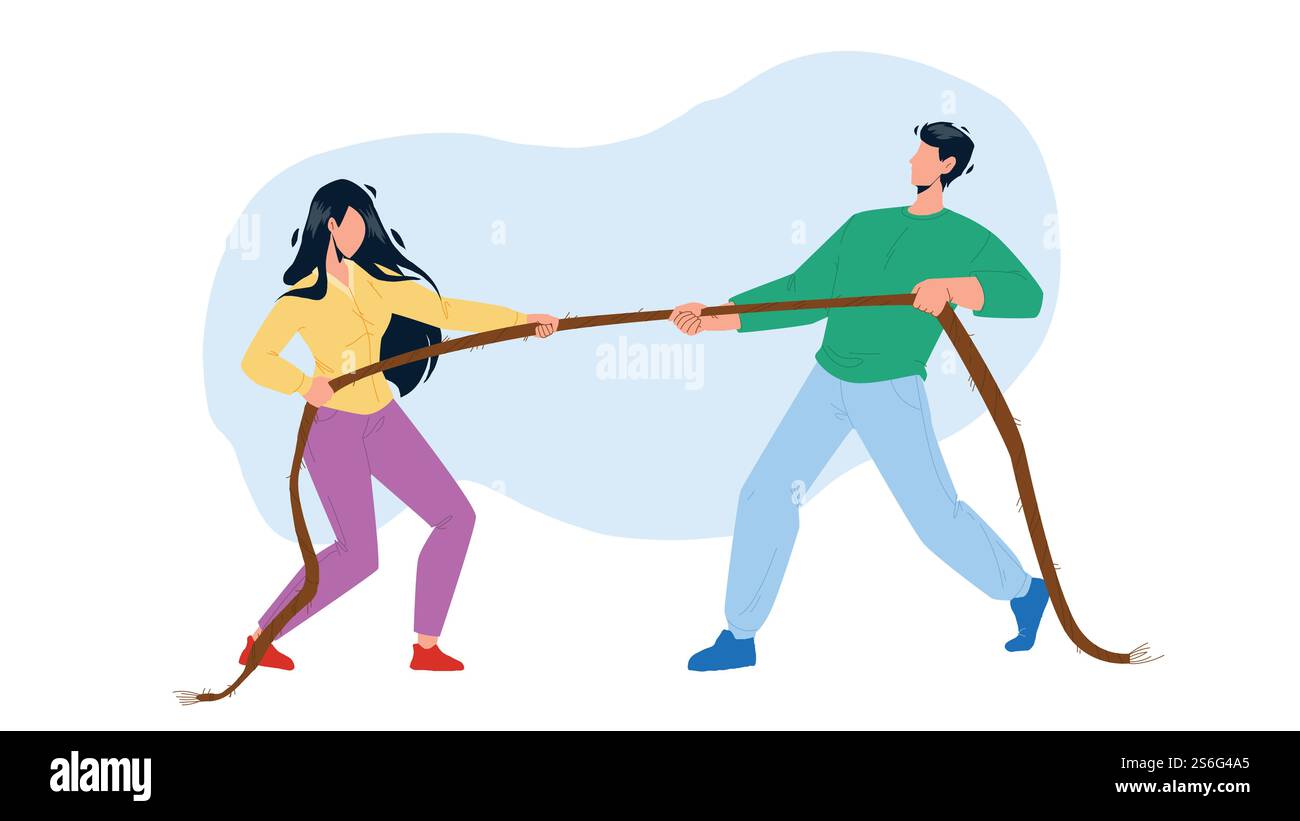 Pulling Rope Young Man And Woman Together Vector. Boy And Girl Pulling ...