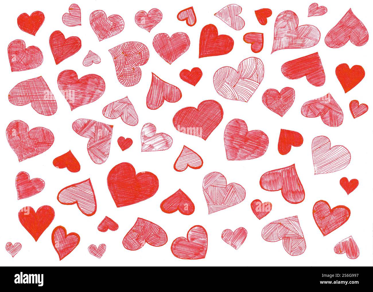 Set of red hearts of different sizes and textures. White background ...