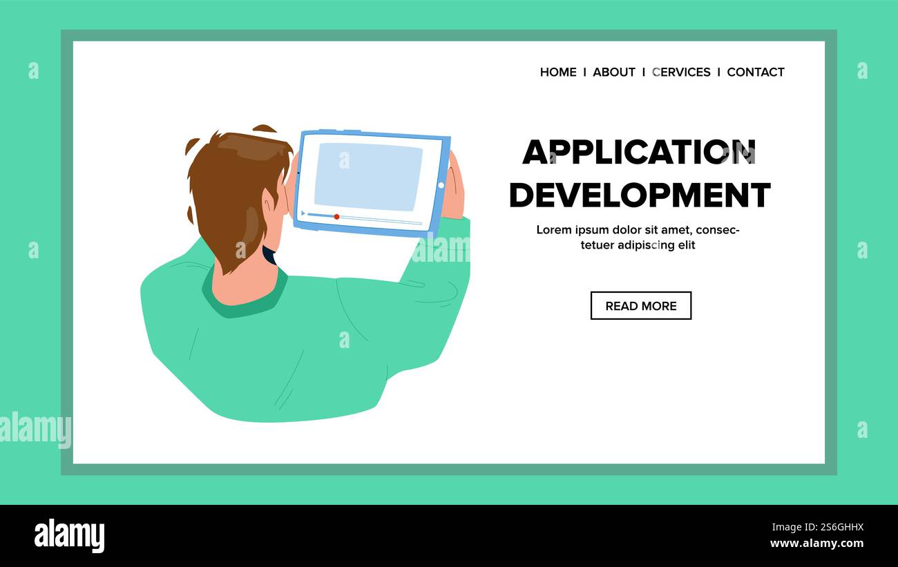 Application Development Programmer Work Vector. Coder Application Development For Digital Device Tablet. Character Developing And Testing App For Electronic Gadget Web Flat Cartoon Illustration. Application Development Programmer Work Vector Stock Vector