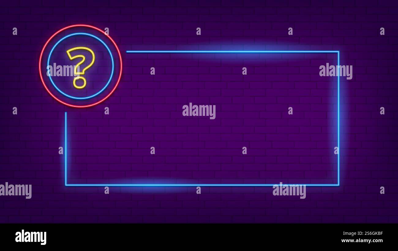 Neon quiz sign. Glow question mark and lighting frame. Party led banner ...