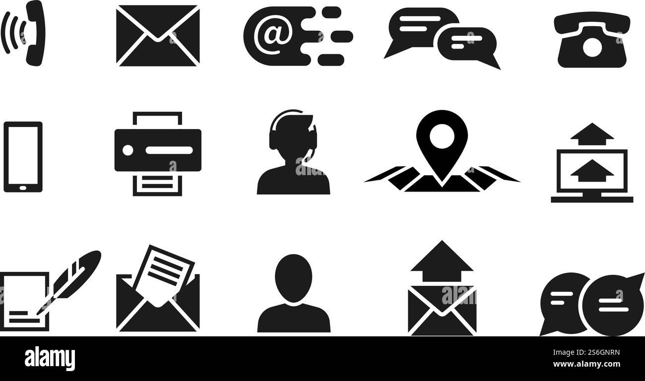 Contact information icons. Black finance website, business or social media or mobile support symbols. Isolated interface vector elements. Communication phone contact, message illustration. Contact information icons. Black finance website, business or social media or mobile support symbols. Isolated interface vector elements Stock Vector