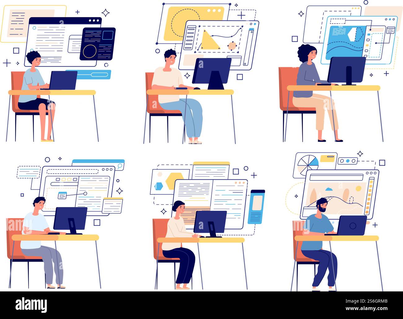 Programmers and developers. Computer game designer, web graphics or content managers. Professional software develop team set. Developer and programmer, software coding and programming illustration. Programmers and developers. Computer game designer, web graphics or content managers. Isolated professional software develop team vector set Stock Vector