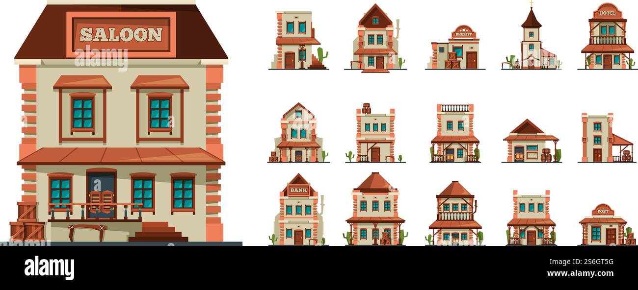 Western buildings. Wildlife west construction saloon country market banks american old houses vector flat style pictures. Illustration western saloon and architecture west american. Western buildings. Wildlife west construction saloon country market banks american old houses vector flat style pictures Stock Vector