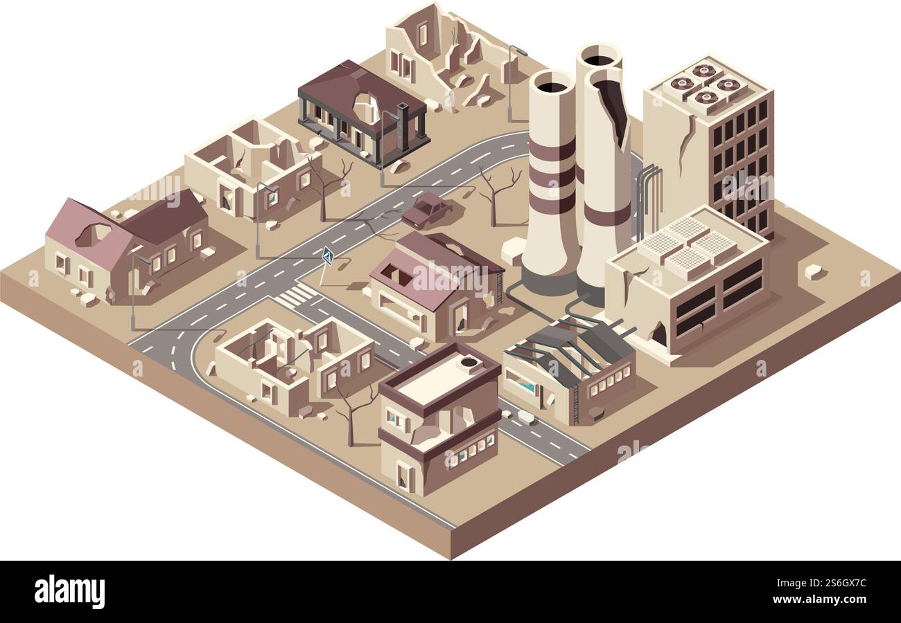 City ruins. Abandoned town with broken buildings manufacturing city ...