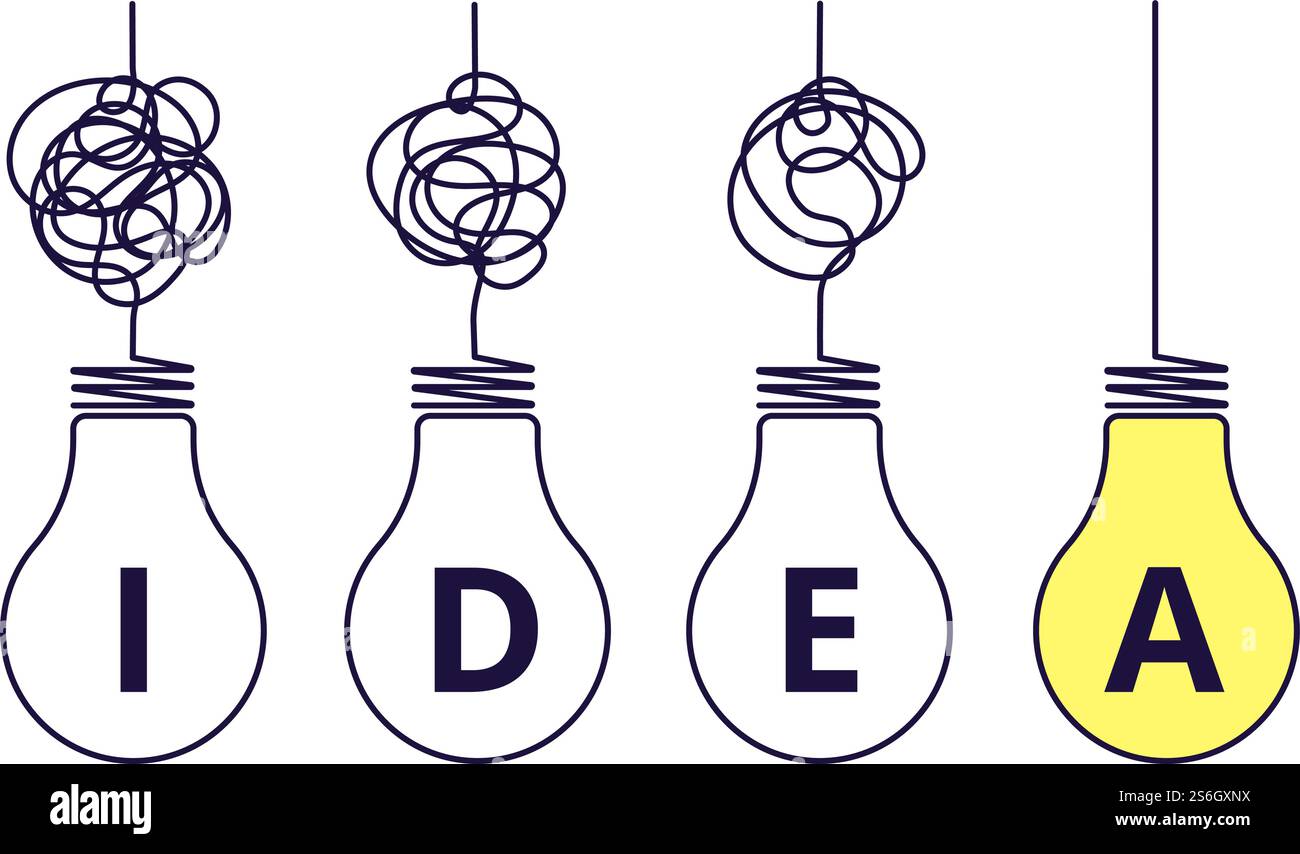 Light bulbs idea concept. Simplify complexity, graphic of problem solution. Creative thinking process. Tangled simple way vector concept. Light bulb idea, creative lightbulb innovation illustration. Light bulbs idea concept. Simplify complexity, graphic of problem solution. Creative thinking process. Tangled and simple way vector concept Stock Vector