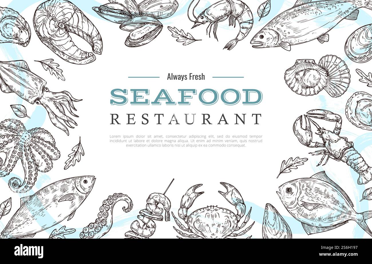 Sketch seafood banner. Drawing fish crab lobster salmon. Restaurant ...