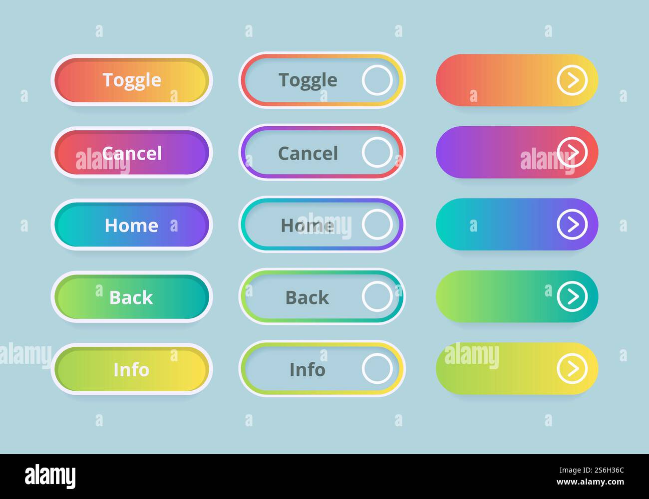 Gradient buttons. Web ui elements colored template vector action buttons set. Toggle and cancel buttons, kit menu glowing illustration. Gradient buttons. Web ui elements colored template vector action buttons set Stock Vector