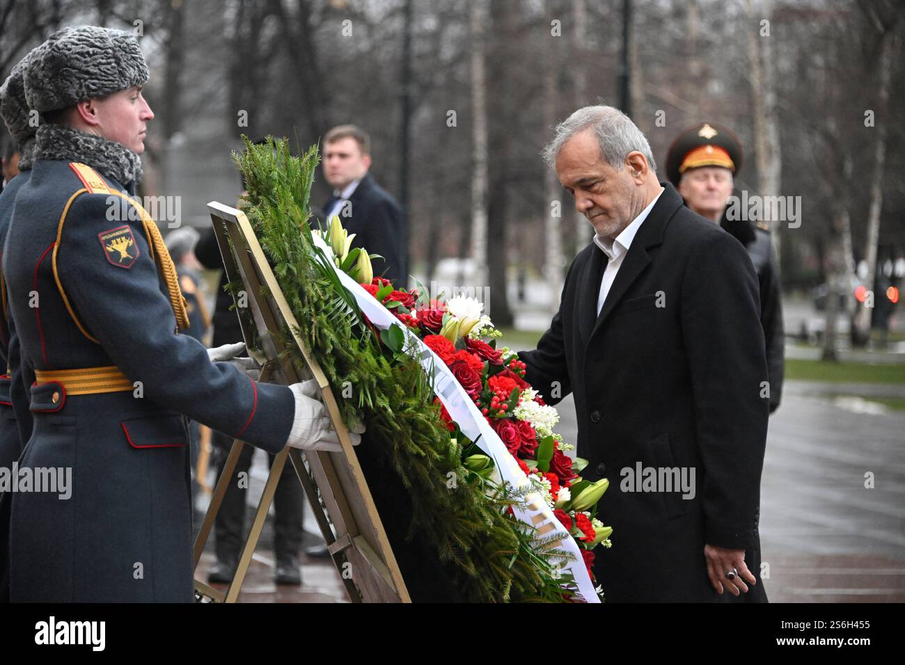 Iranian President Masoud Pezeshkian attends a laying of the wreath