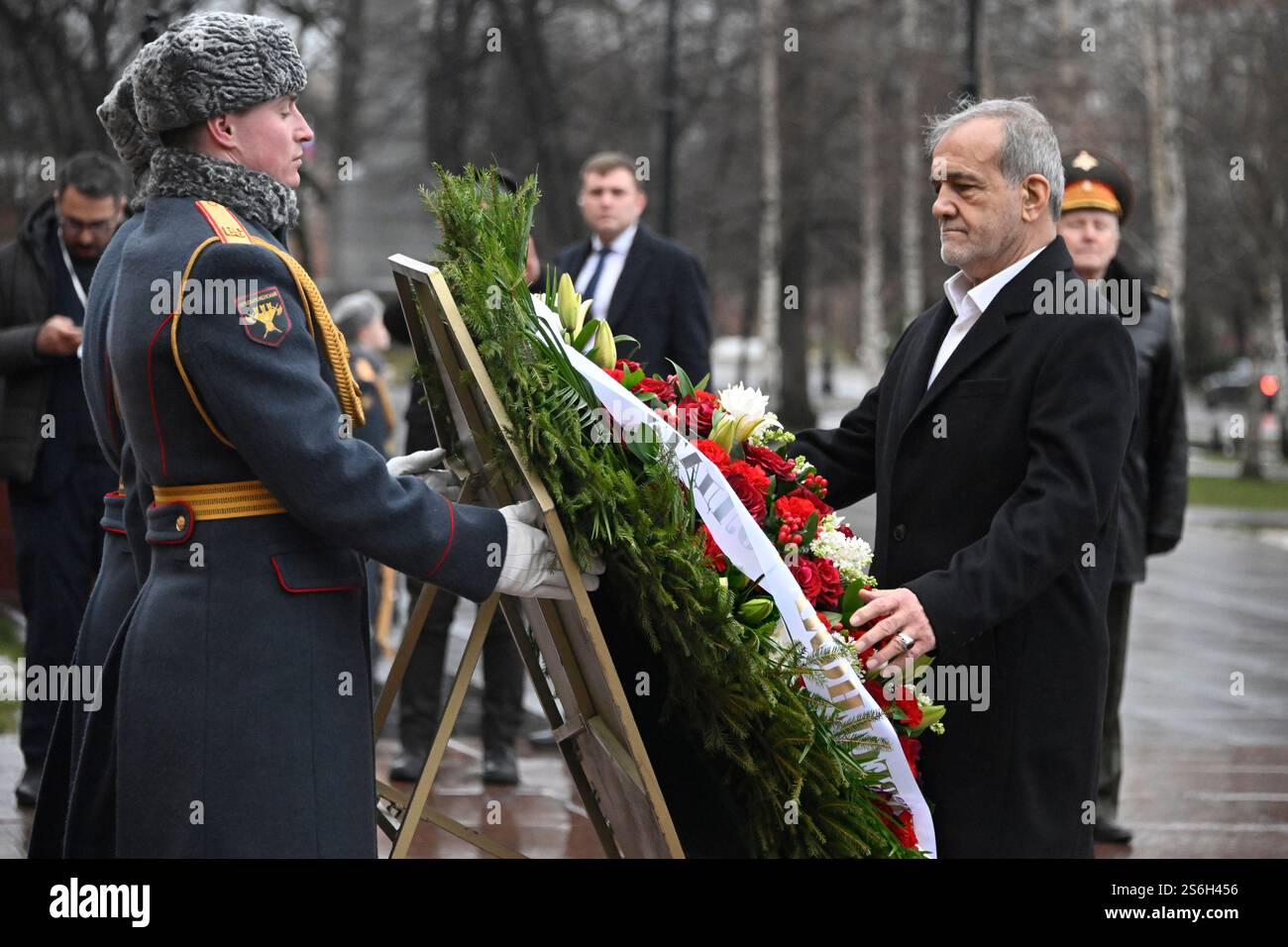Iranian President Masoud Pezeshkian attends a laying of the wreath