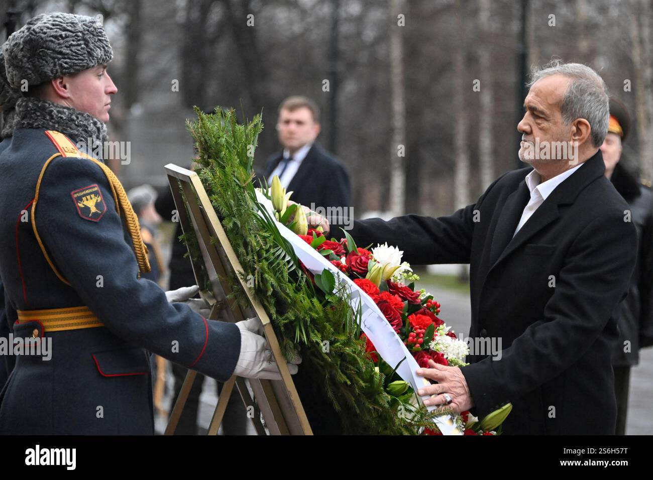 Iranian President Masoud Pezeshkian attends a laying of the wreath