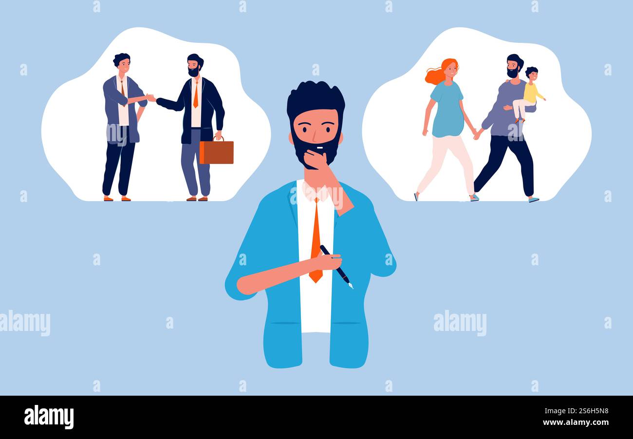 Male choice. Family or career, pensive man. Guy thinking about future. Parenthood or business vector illustration. Choice career or family, businessman comparison life. Male choice. Family or career, pensive man. Guy thinking about future. Parenthood or business vector illustration Stock Vector