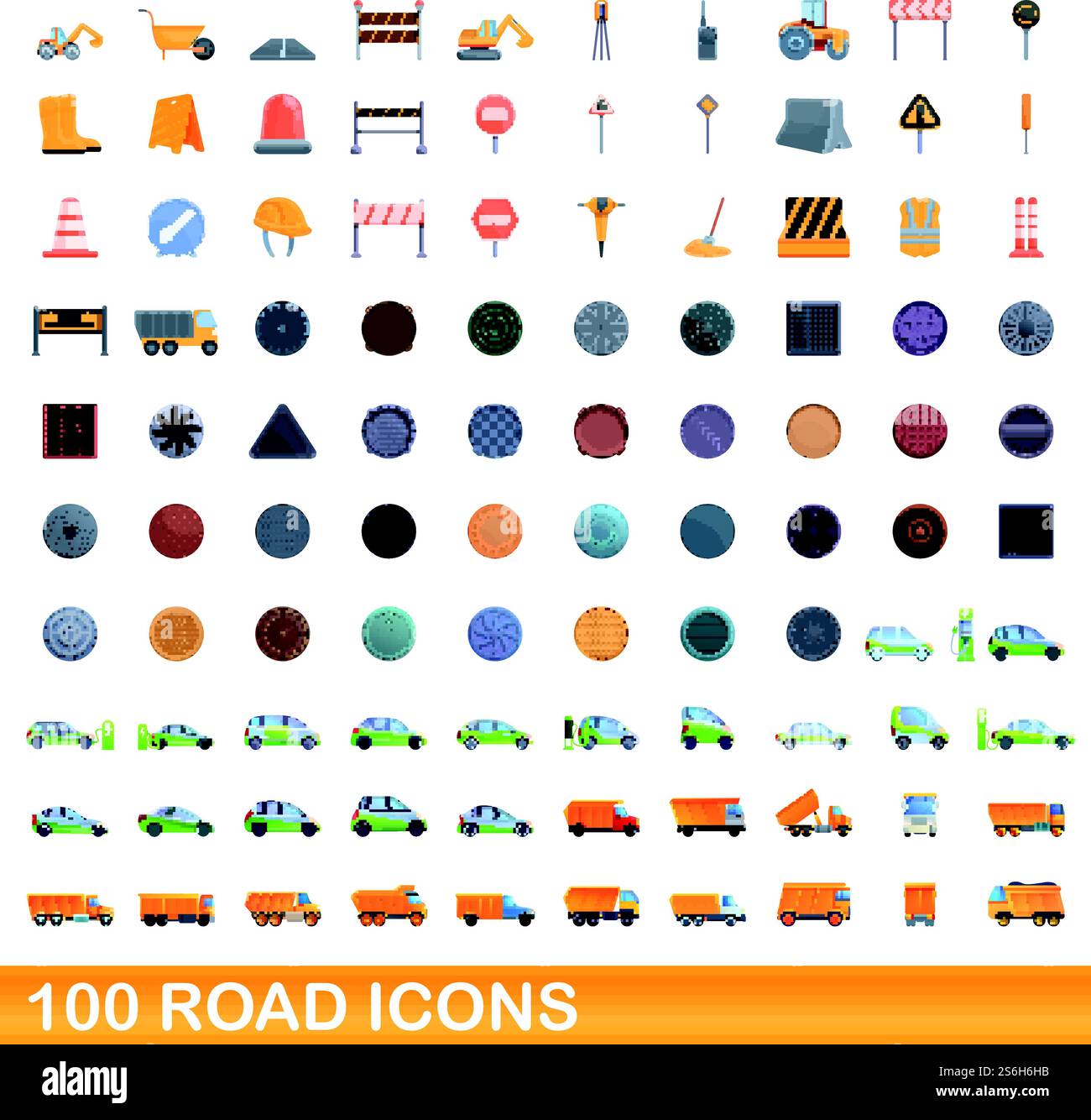 100 road icons set. Cartoon illustration of 100 road icons vector set ...