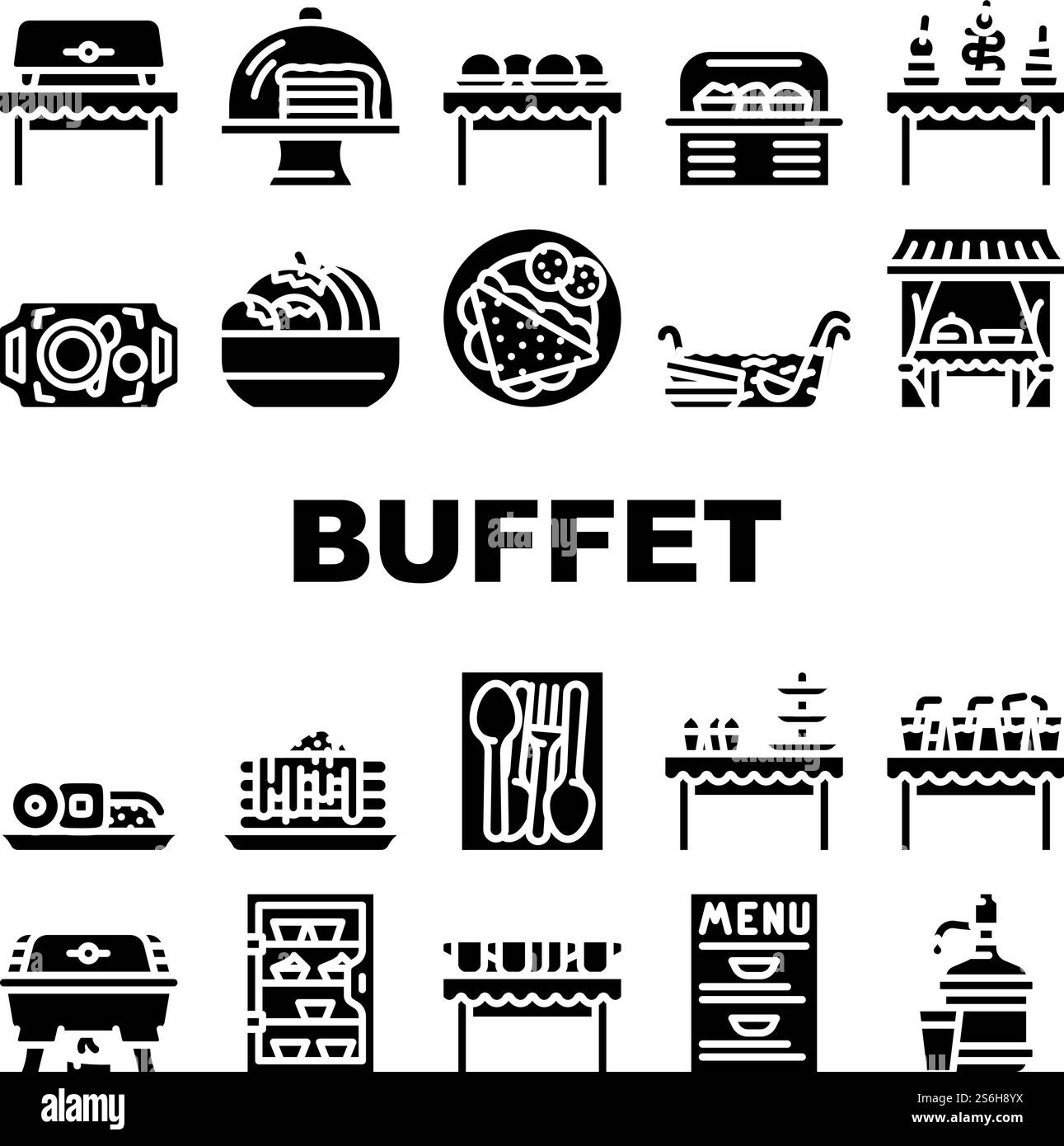 Buffet Food And Drinks Collection Icons Set Vector. Buffet Showcase ...