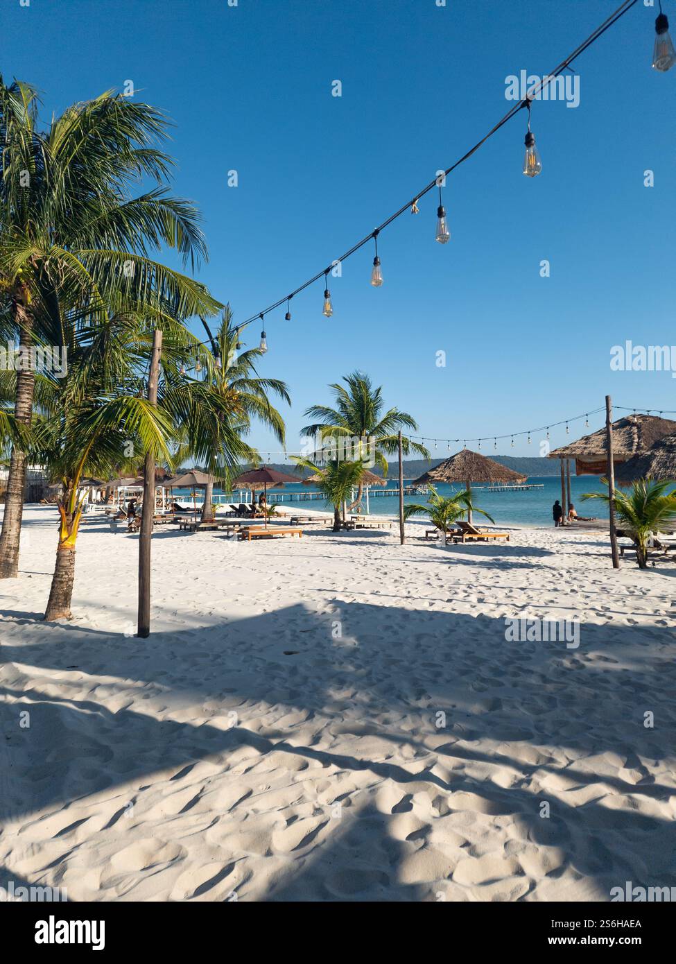 A picturesque tropical beach with palm trees, string lights, and a ...