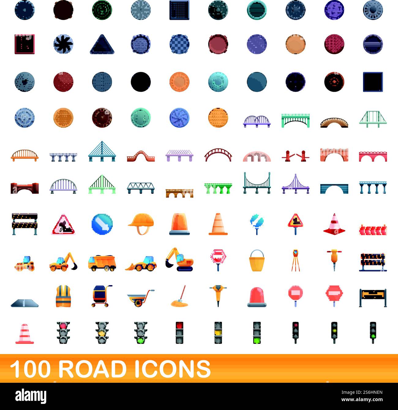 100 road icons set. Cartoon illustration of 100 road icons vector set ...