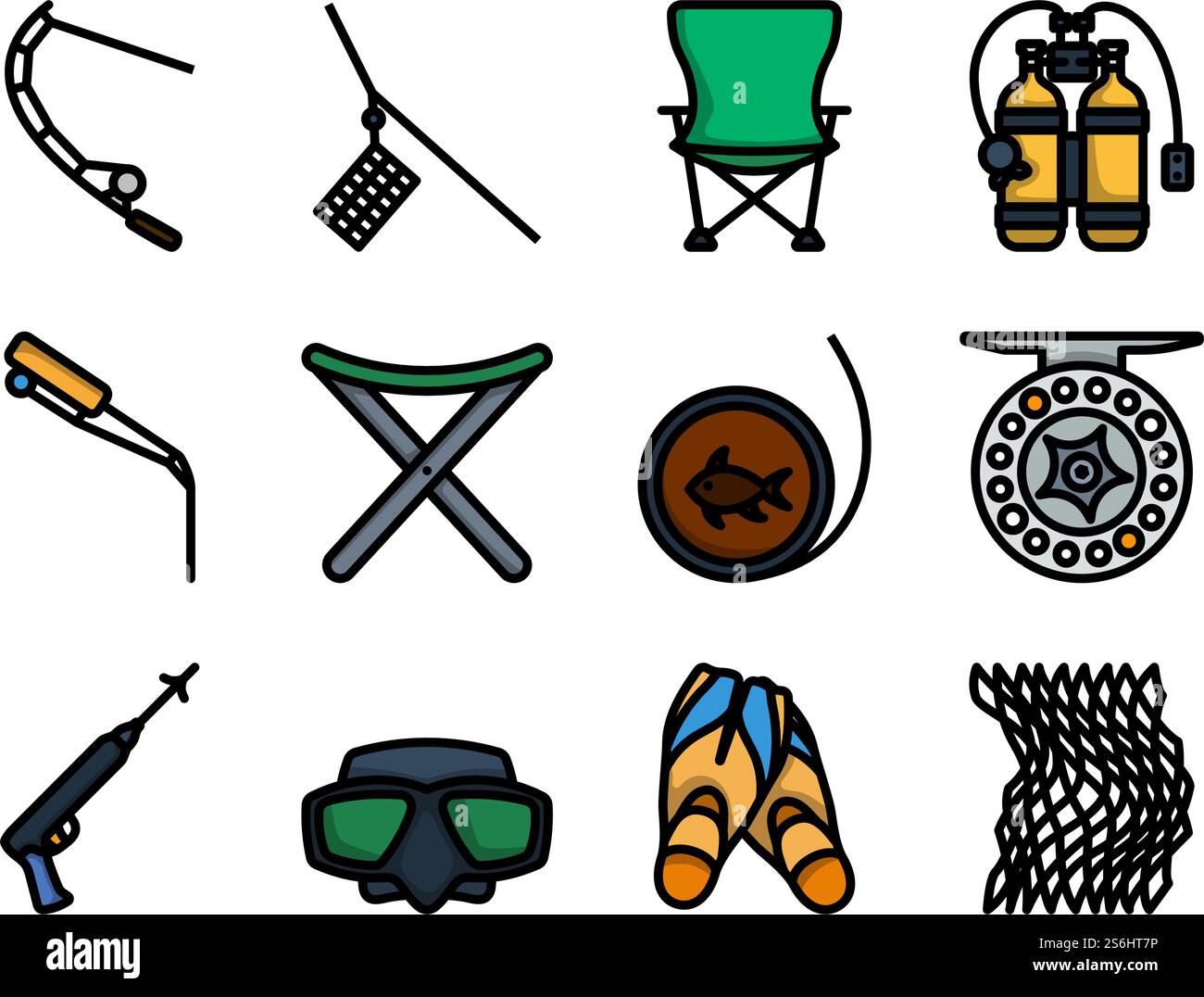 Fishing Icon Set. Editable Bold Outline With Color Fill Design. Vector ...