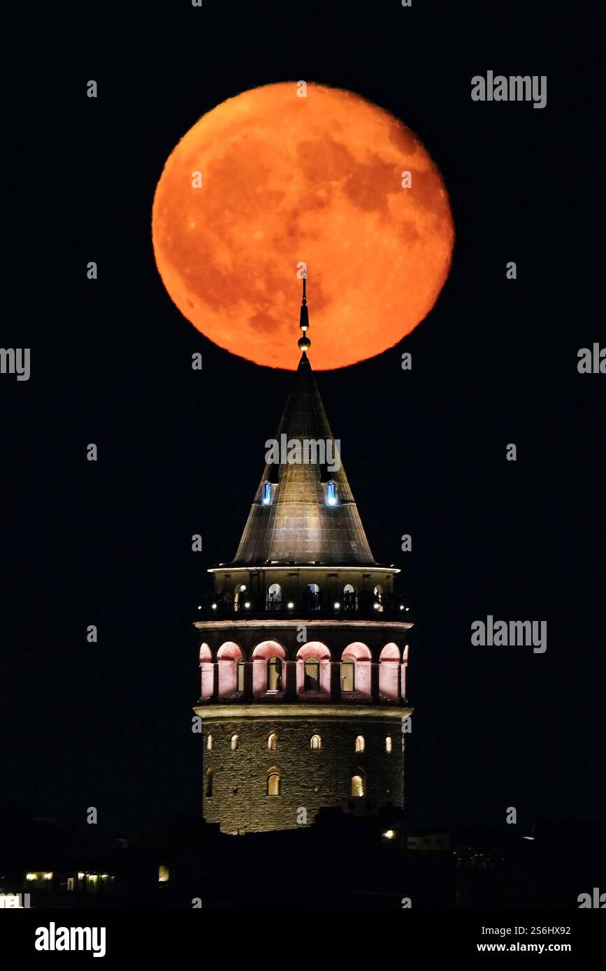 Galata Tower and Full Moon in Istanbul City, Turkiye Stock Photo - Alamy