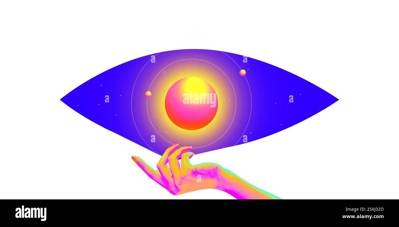 Conceptual art design. Hand presenting glowing planetary system in vibrant tones, showcasing science and metaverse inspiration against white Stock Photo