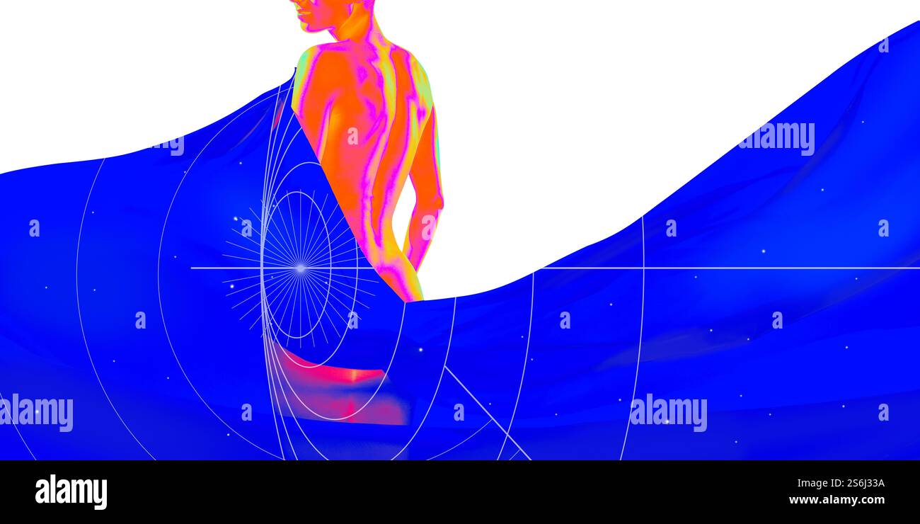 Conceptual art design. Neon figure in abstract blue space, embodying futuristic elegance and technological harmony against vibrant background. Stock Photo