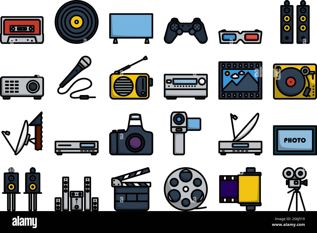 Multimedia Icon Set. Editable Bold Outline With Color Fill Design ...