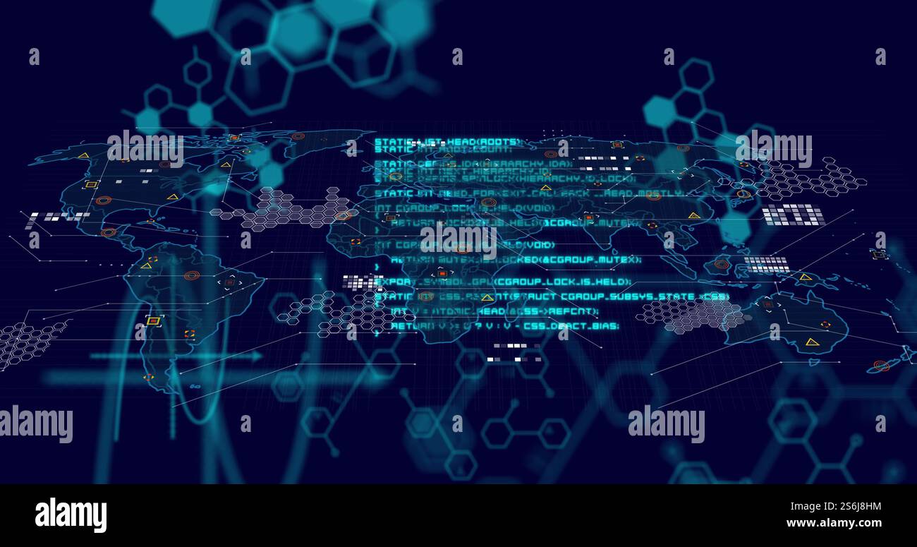 Image of scientific data processing and world map over dark background ...