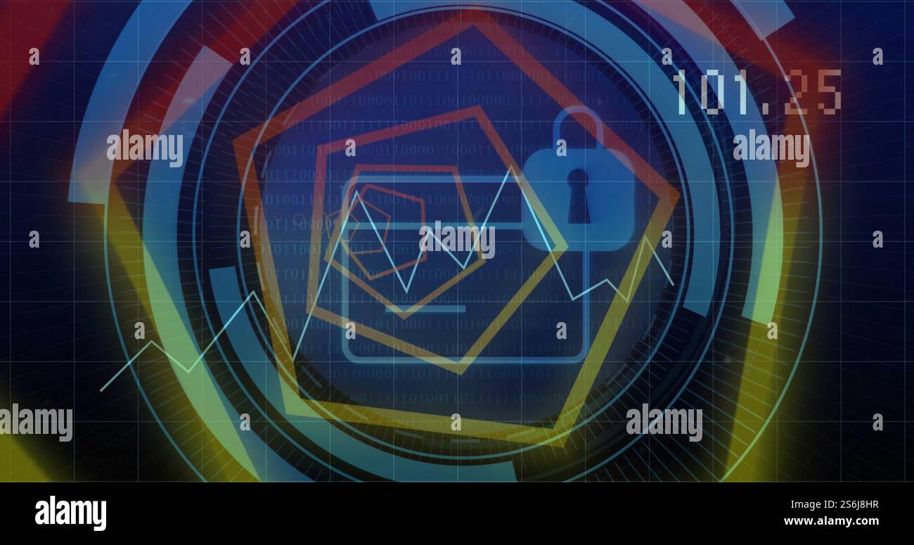 Image of padlock icon and digital data processing over dark background ...