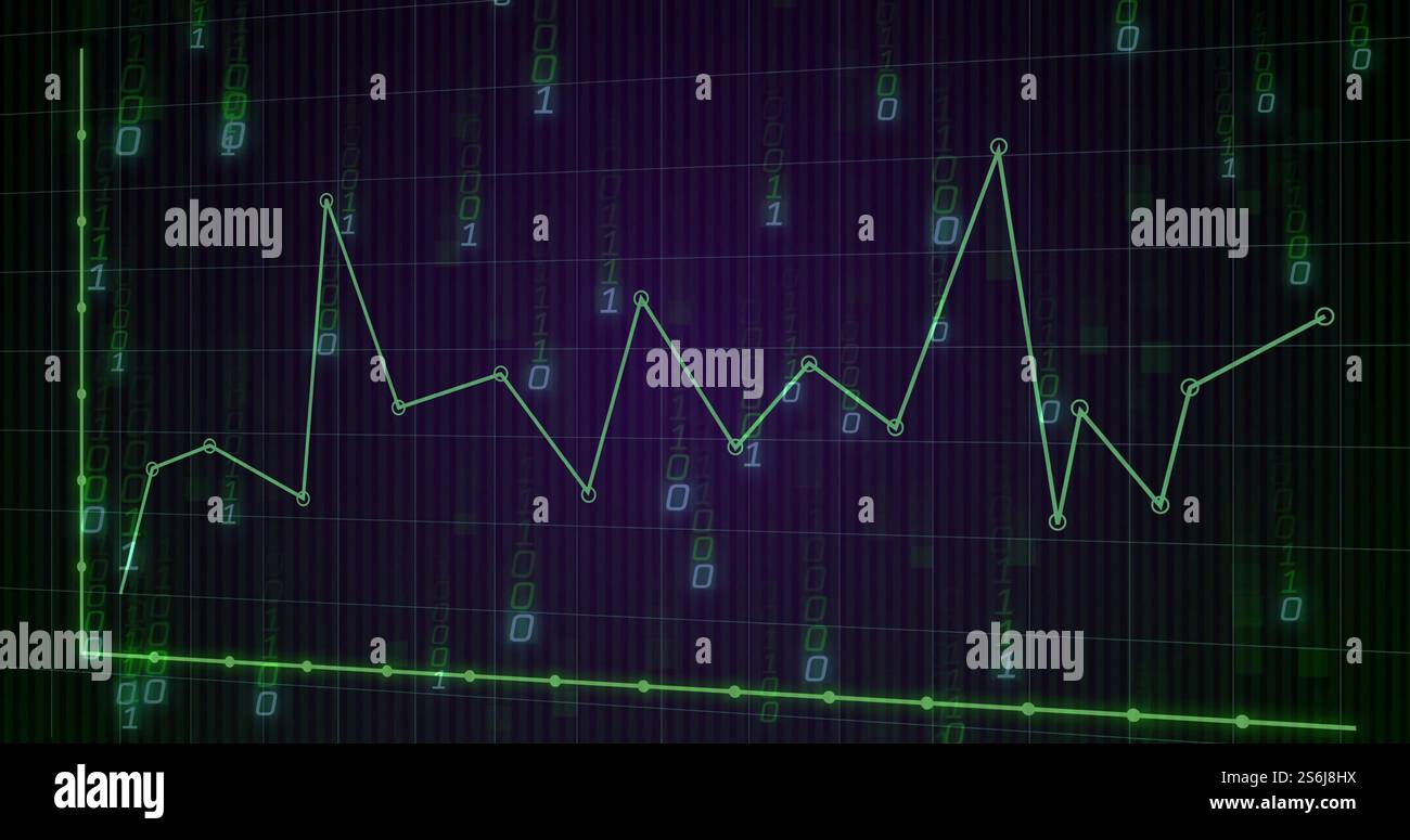 Image of binary coding and digital data processing over dark background Stock Photo