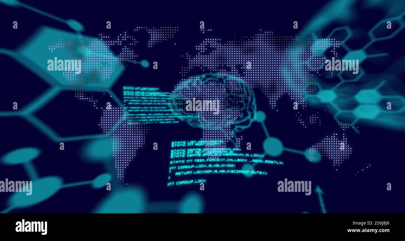 Image of scientific data processing and human brains over dark background Stock Photo