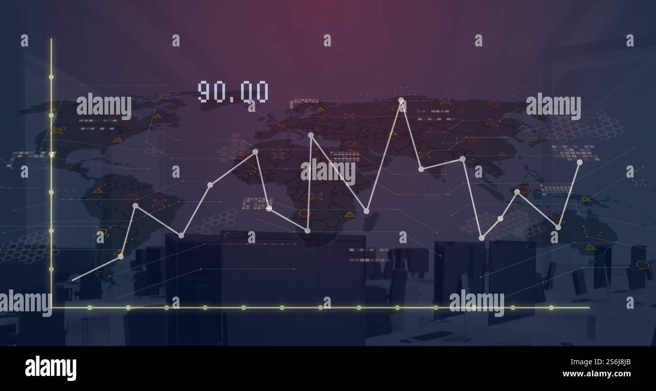 Image of digital data processing over world map on dark background ...