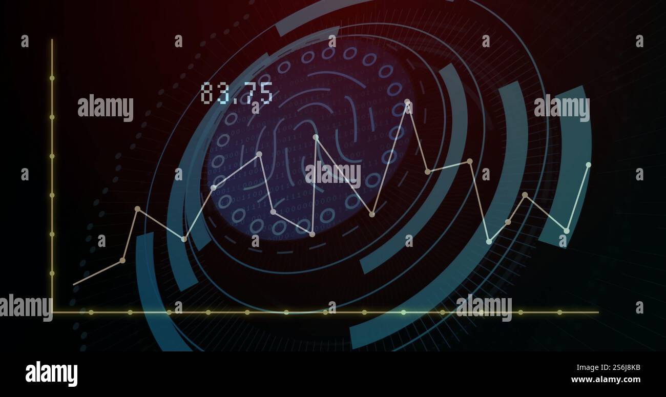 Image of biometric fingerprint icon and digital data processing over dark background Stock Photo