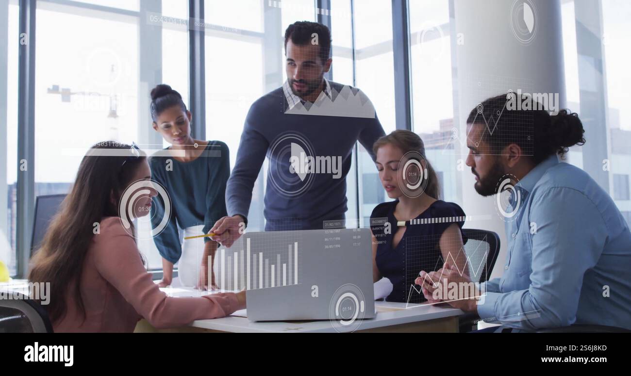 Image of data processing and diagrams over diverse colleagues ...