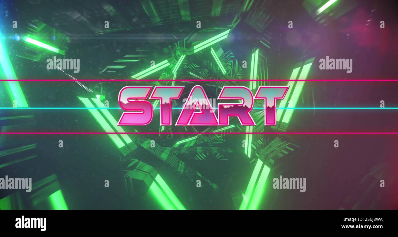 Image of start text over neon pattern background Stock Photo