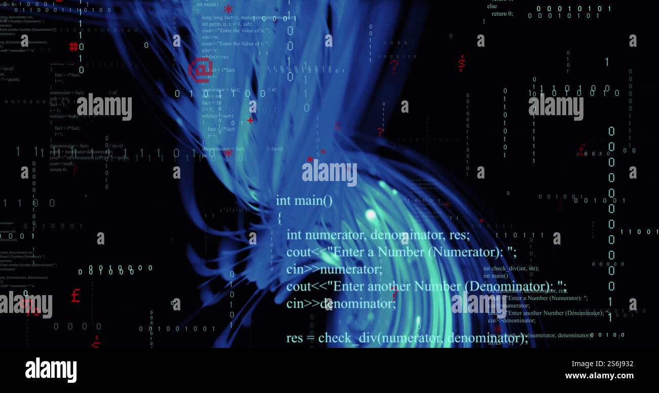 Image of binary coding digital data processing over blue light trails Stock Photo