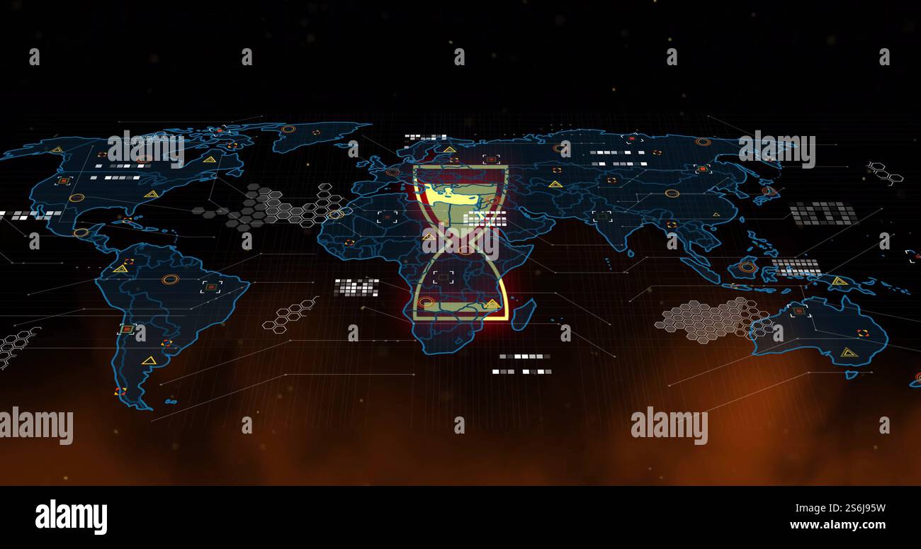 Image of hourglass icon and digital data processing over world map ...